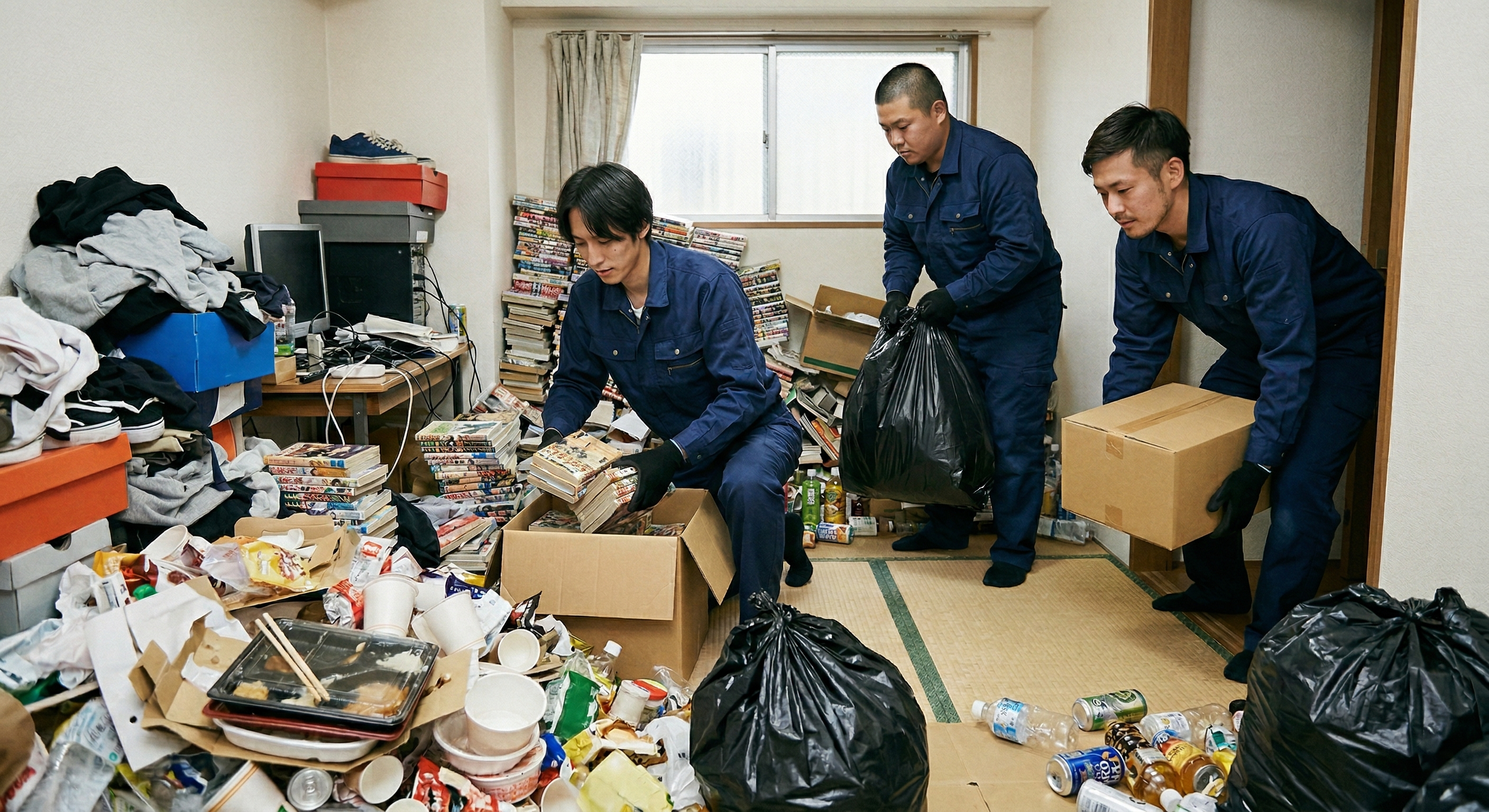 散らかった部屋でCLEARの男性スタッフが片付け作業をしている様子